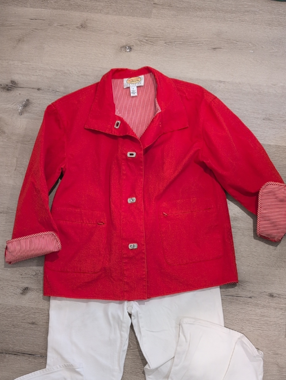 Talbots Sweet Bright Red Cotton Button Jacket with Striped Trim. Size S